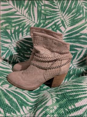 Not Rated Taupe Suede Braided Ankle Booties